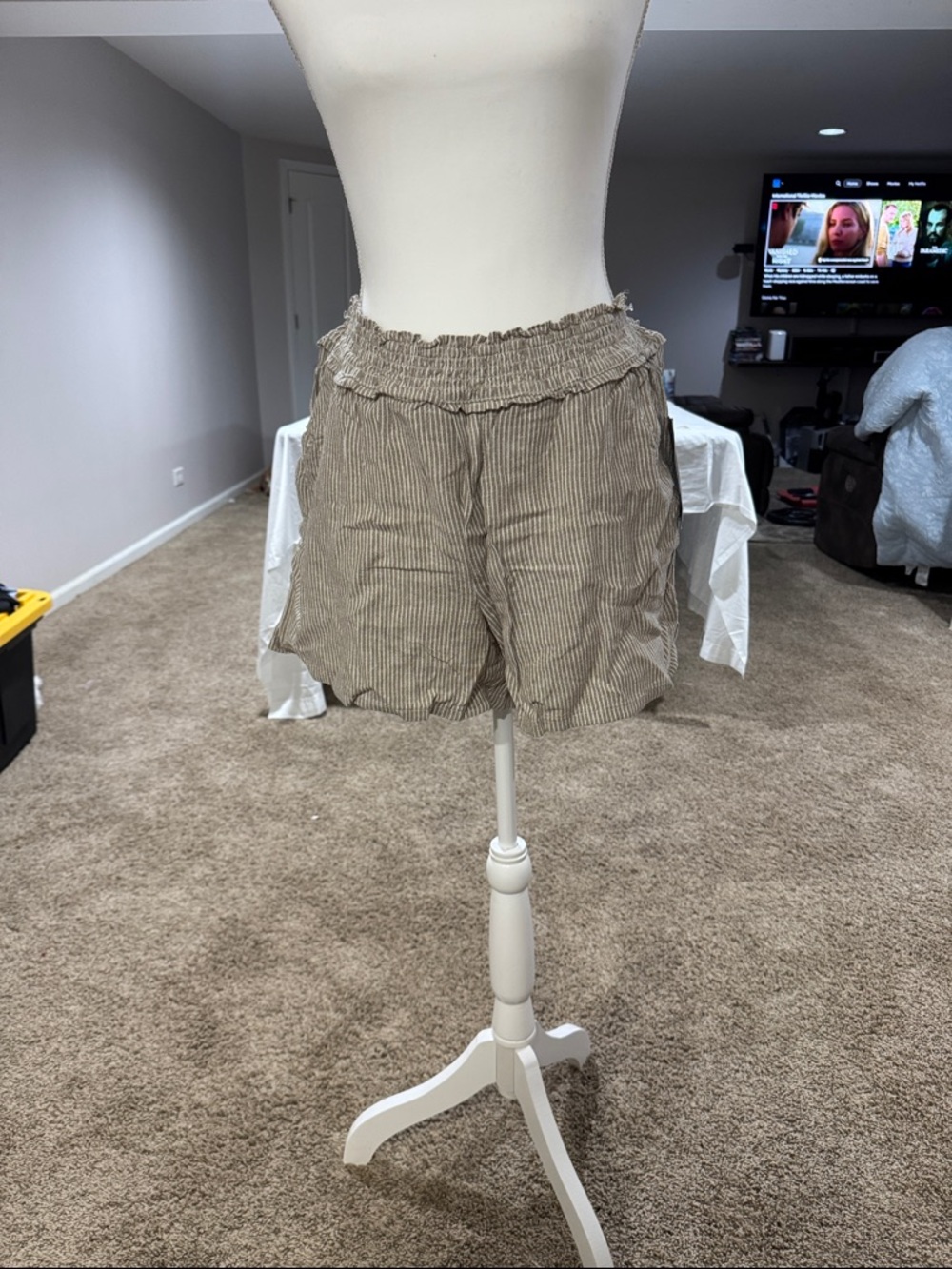 Women’s Elastic Waist Tan Striped Casual Shorts